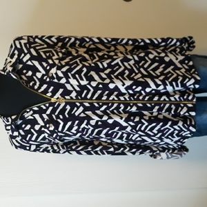 Anne Klein Navy and White Geometric Zip-Front Blouse